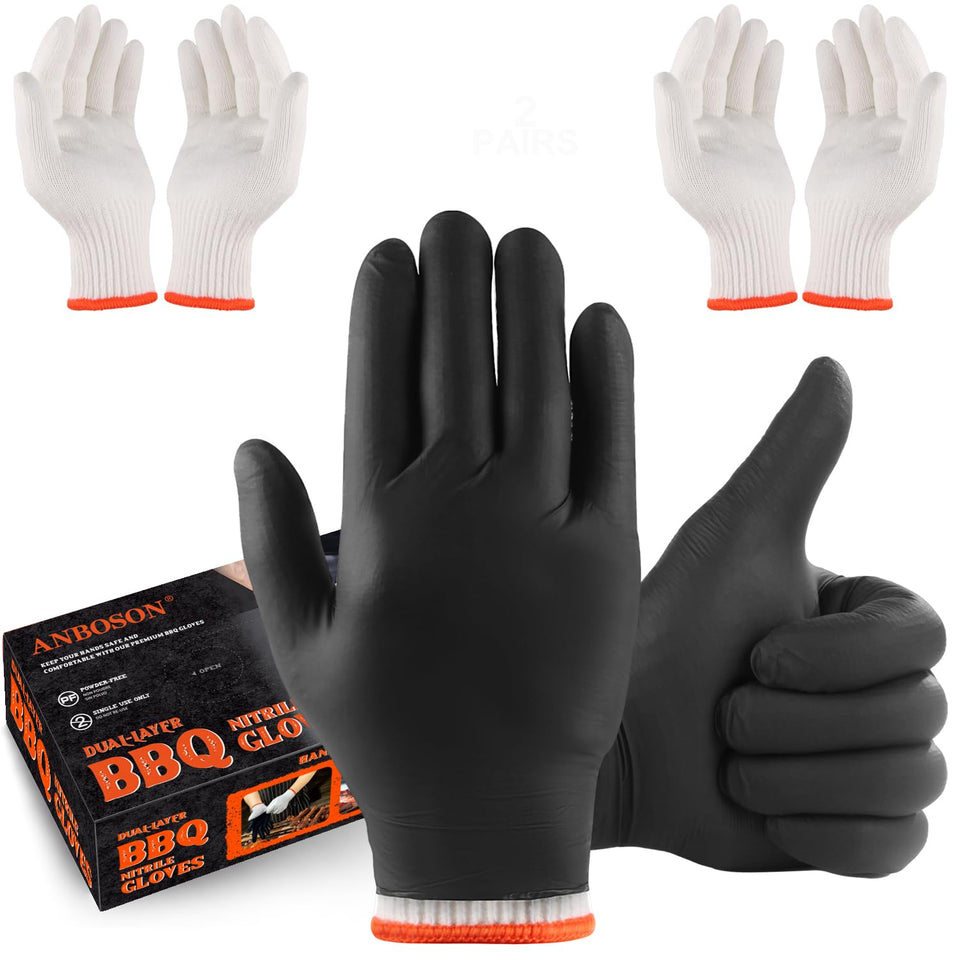 ANBOSON BBQ gloves show heat protection for grilling and oven handling.