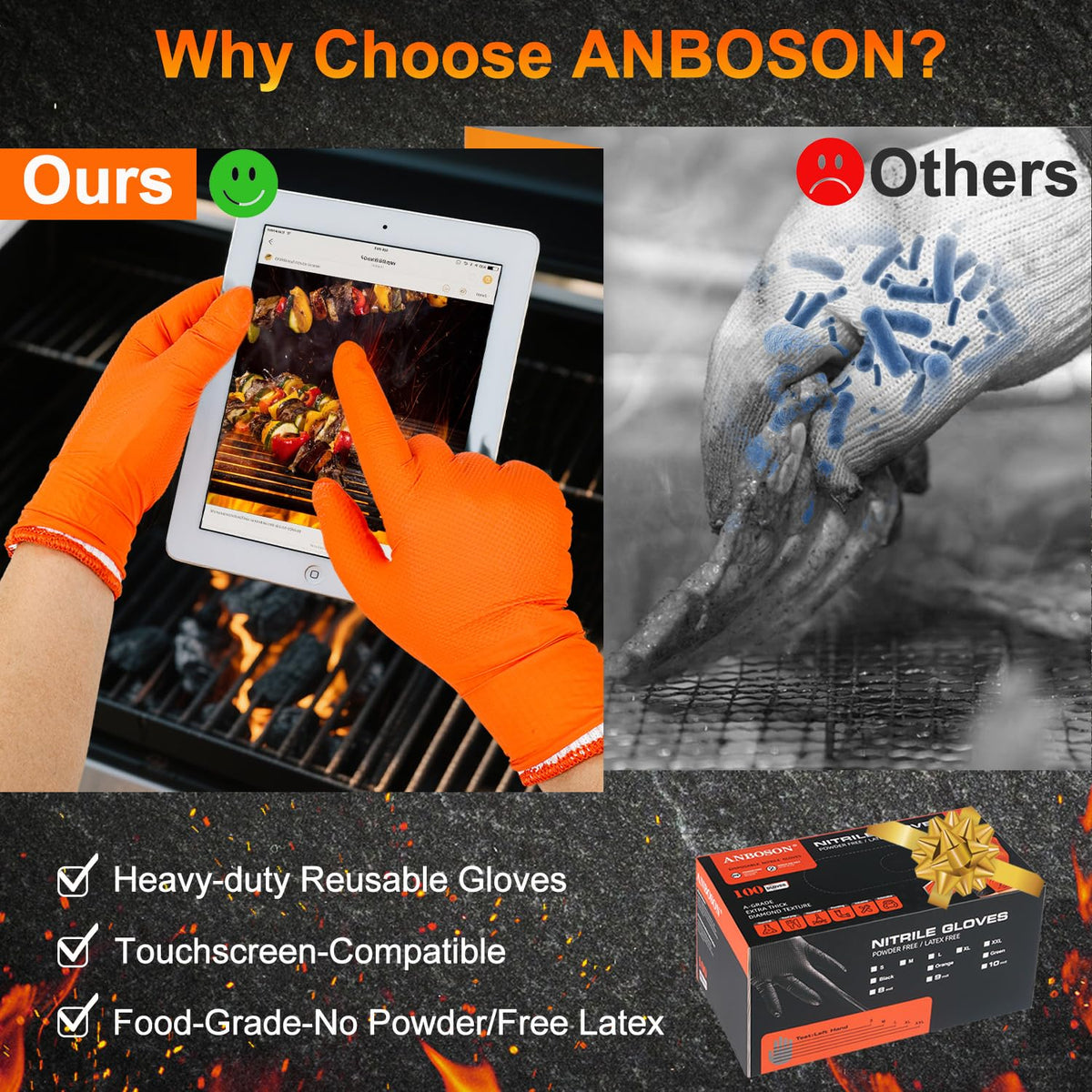 ANBOSON disposable nitrile gloves simplify grilling and food handling.