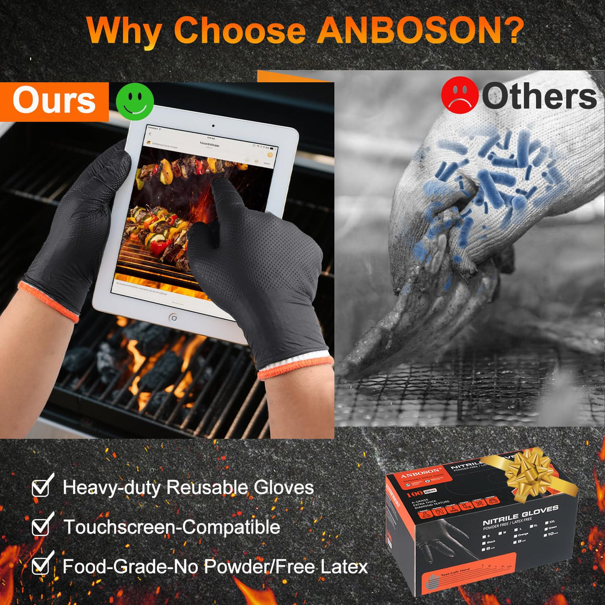 ANBOSON latex-free, powder-free gloves are food-safe for cooking