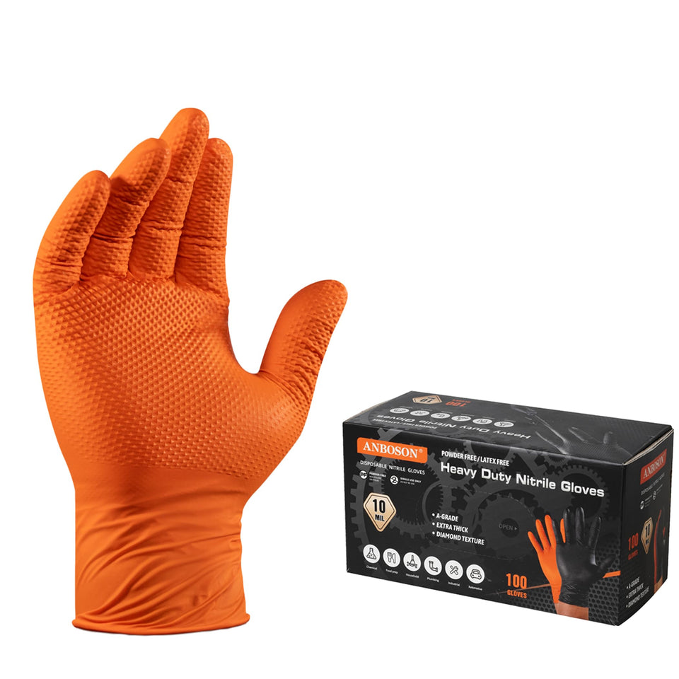ANBOSON Heavy Duty 10-mil nitrile glove with raised diamond texture for improved grip in oily tasks.