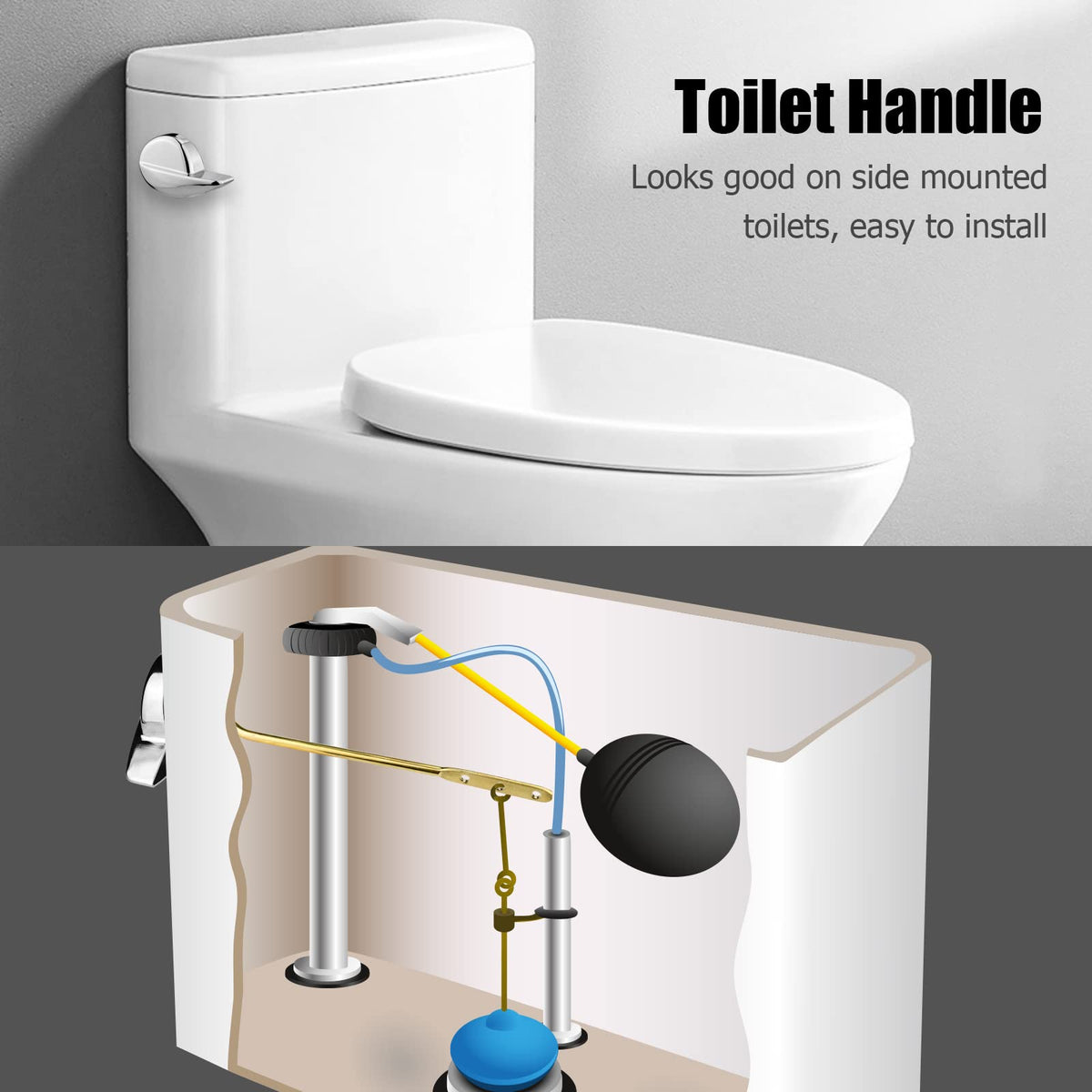 Ancable toilet handle assembly with nut and adjustable end holes for fit.
