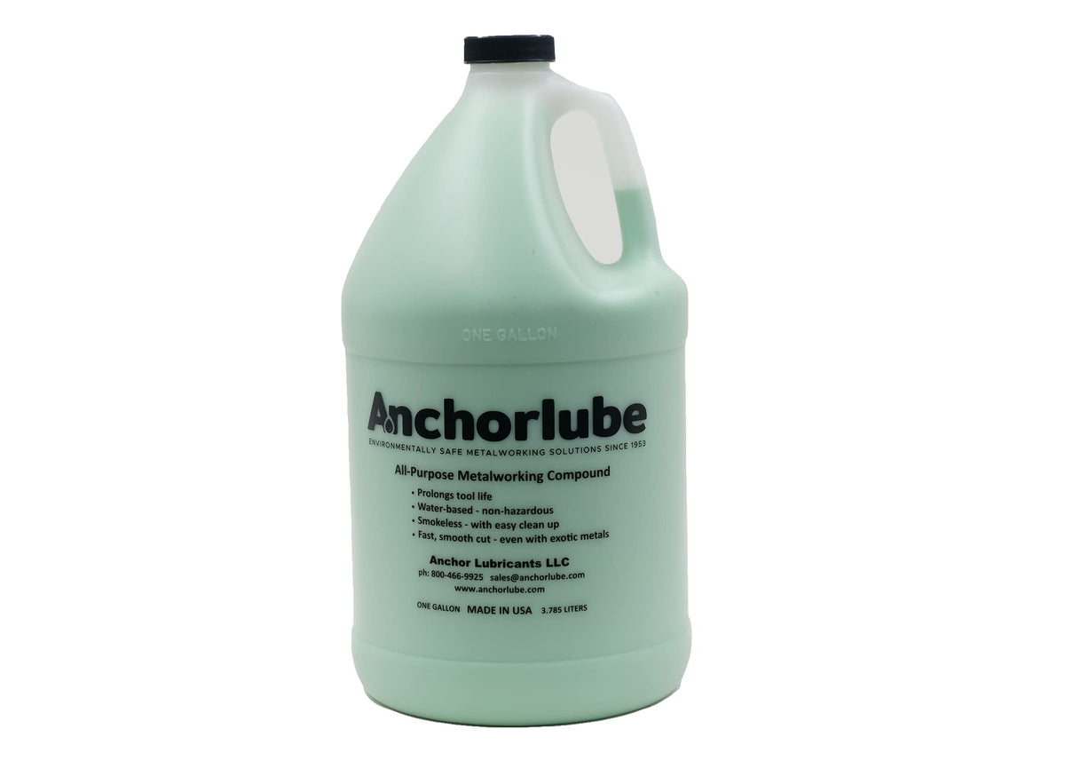 Anchorlube bottle pour shows a clean, water-based lubricant for precise metalworking tasks.