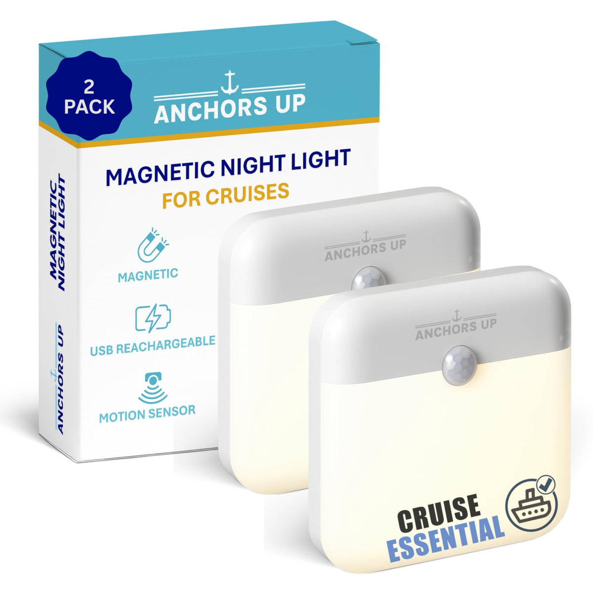 Anchors Up cruise cabin magnetic night light on metal wall provides gentle illumination.