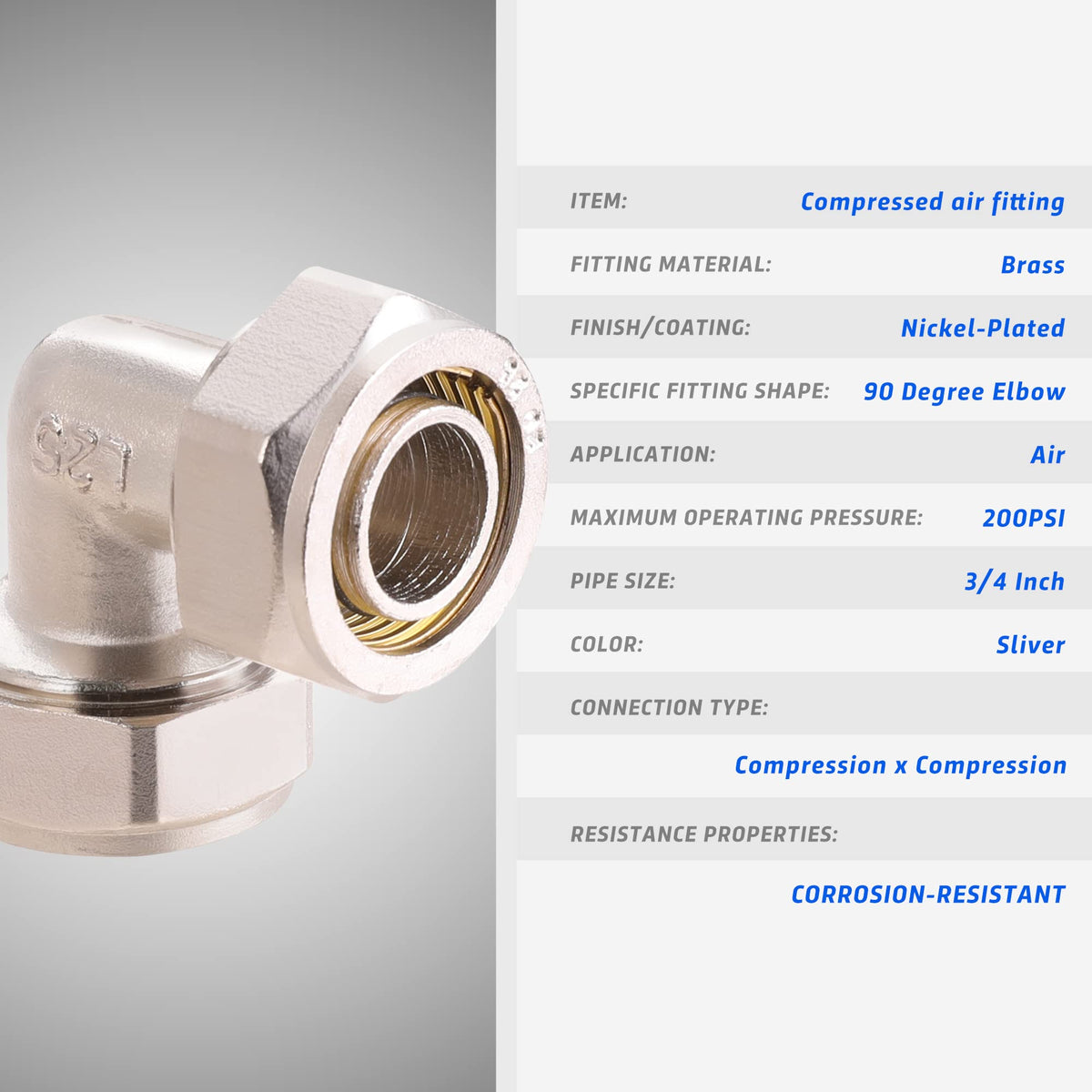 ANCIMOON brass-nickel elbow fitting close-up with nut and O-ring detailing for a secure seal.
