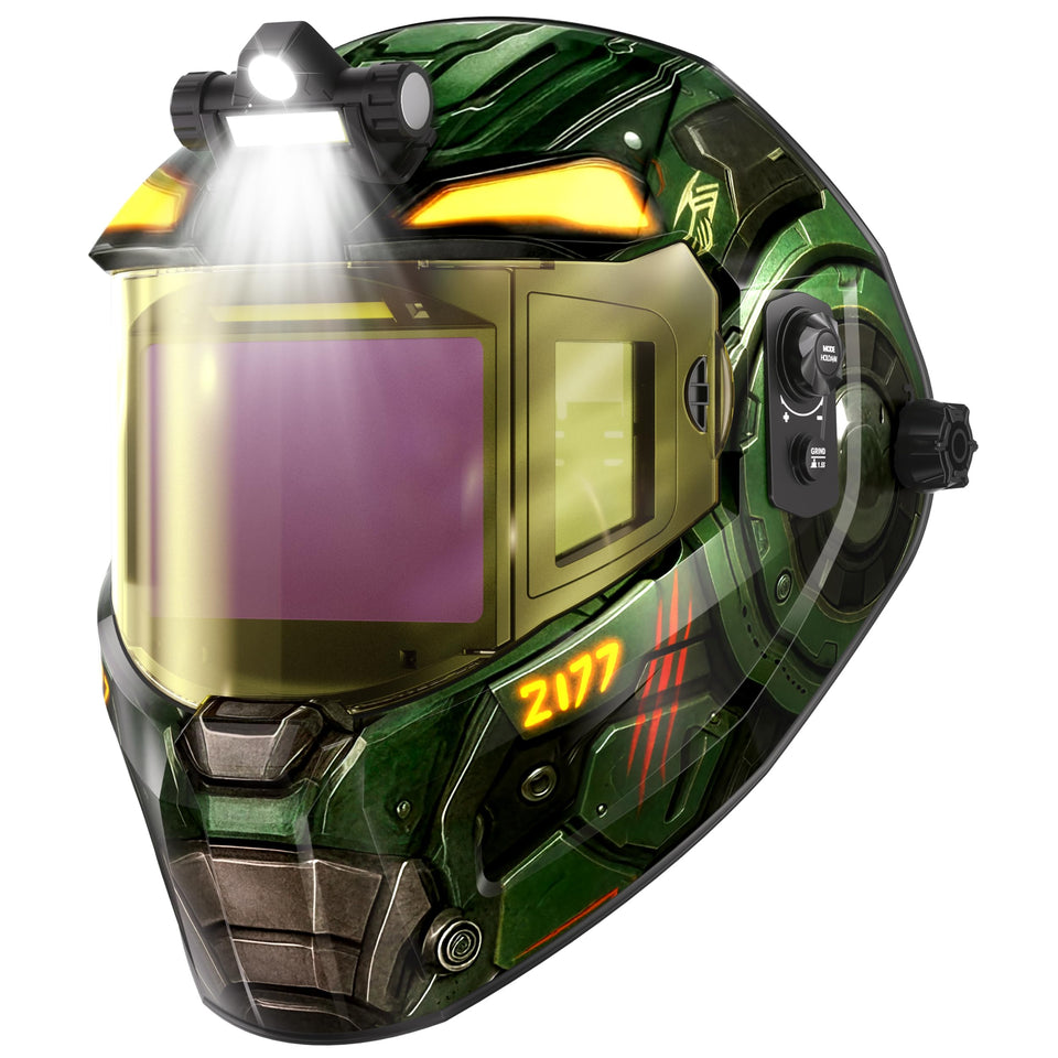 ANDELI auto darkening helmet front view showing wide panorama for precise welds.