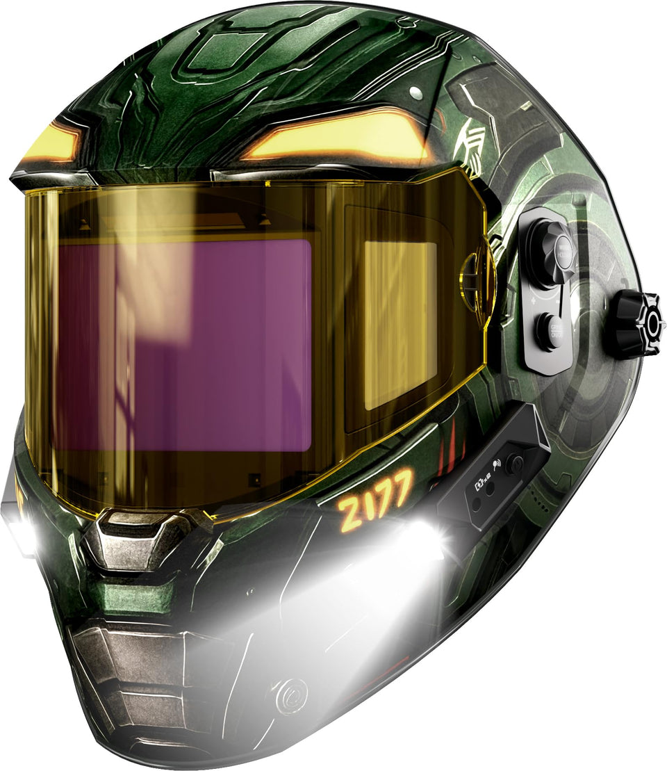 ANDELI welding helmet front view with dual LED lights for improved visibility.