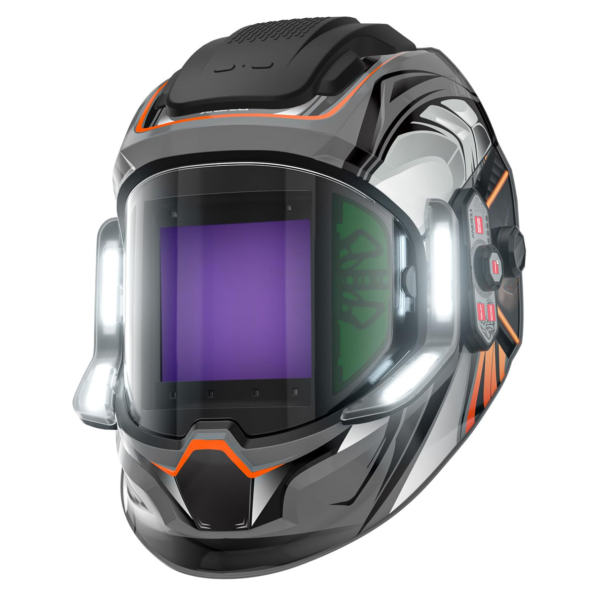 ANDELI welding helmet front view with panoramic screen for expansive visibility.