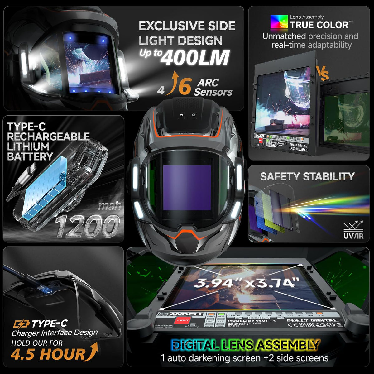 ANDELI welding helmet large viewing screen enables precise bead placement.