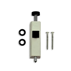 Close-up of the white Andersen foot latch with compact profile