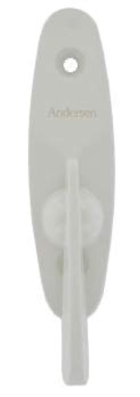 Andersen Tribeca-style gliding thumb latch in white, closeup showing smooth operation and durable finish.