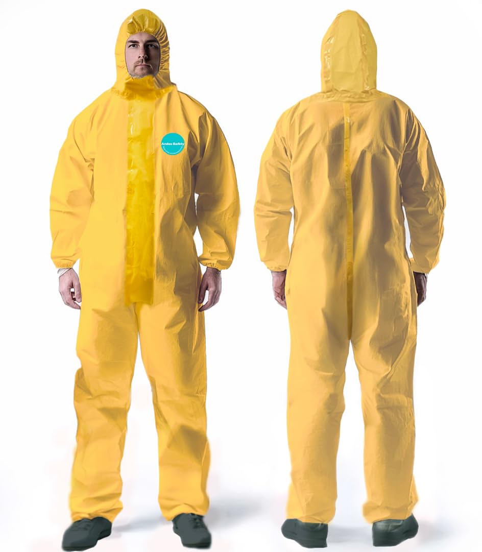 Andes Safety chemical protection coveralls with hood front view for high visibility and protection
