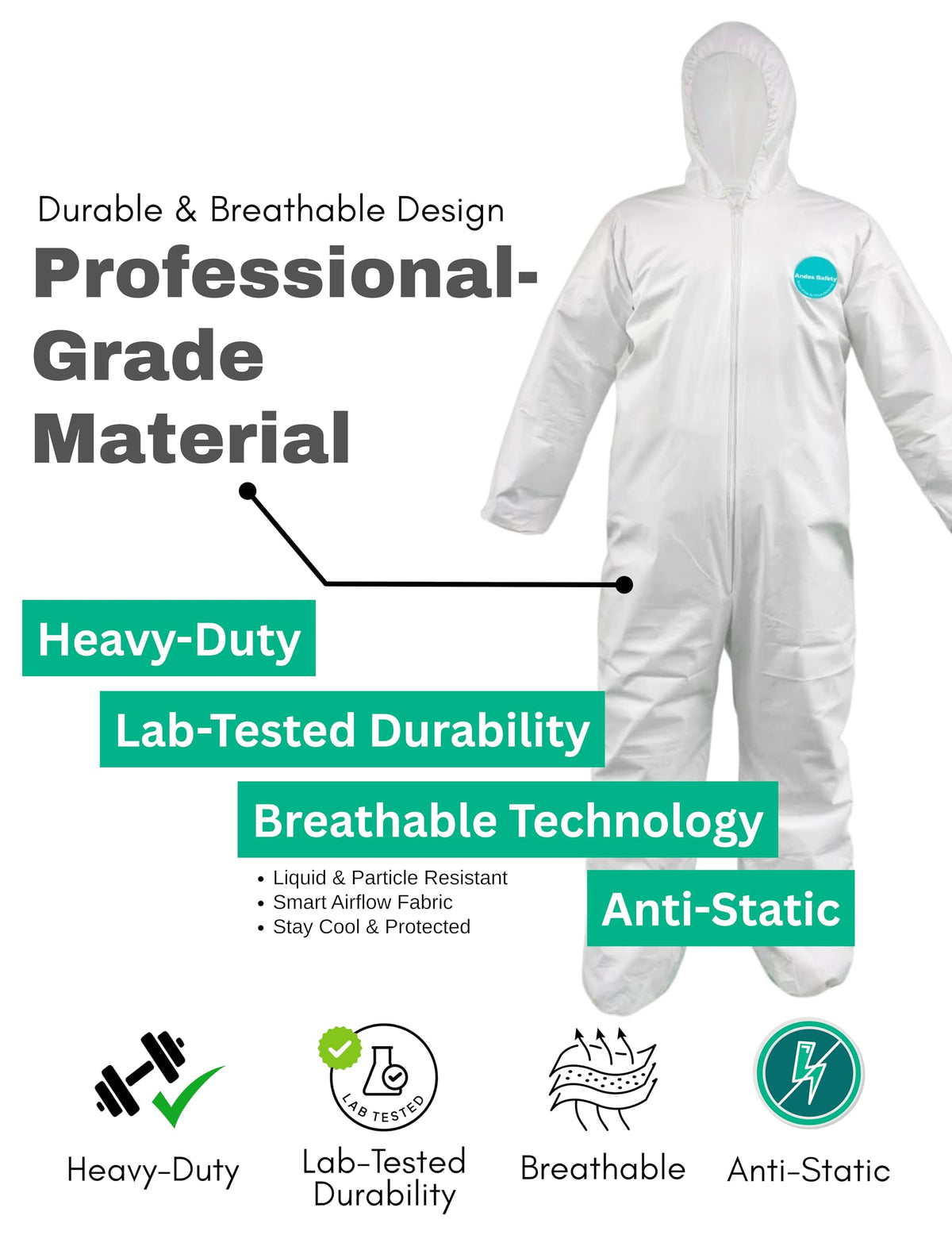 Andes Safety disposable coveralls with elastic wrists and ankles for secure fit
