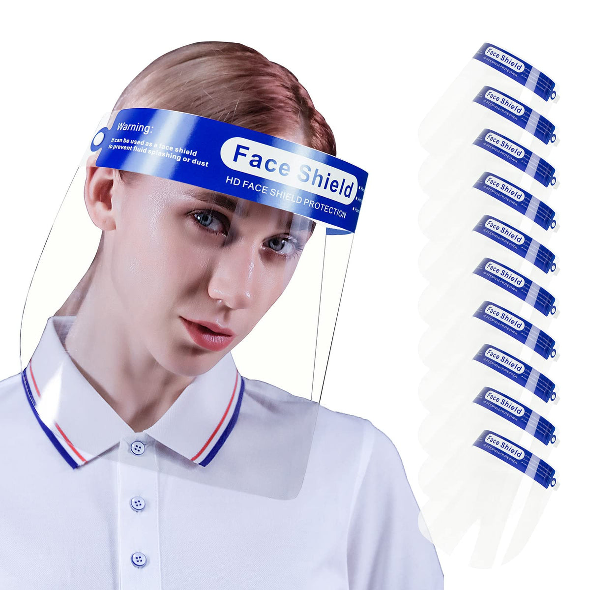 ANDX 10-pack safety clear face shield front view after film removal for crystal-clear visibility.