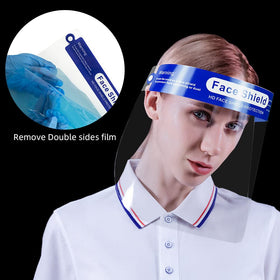 ANDX clear face shield front view with films removed for crystal-clear visibility.