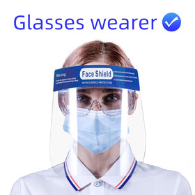 ANDX reusable face shield being worn by glasses user for comfort.