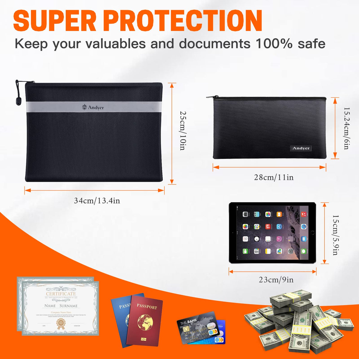 Andyer fireproof money bag 11x6 exterior highlights durable waterproof case.
