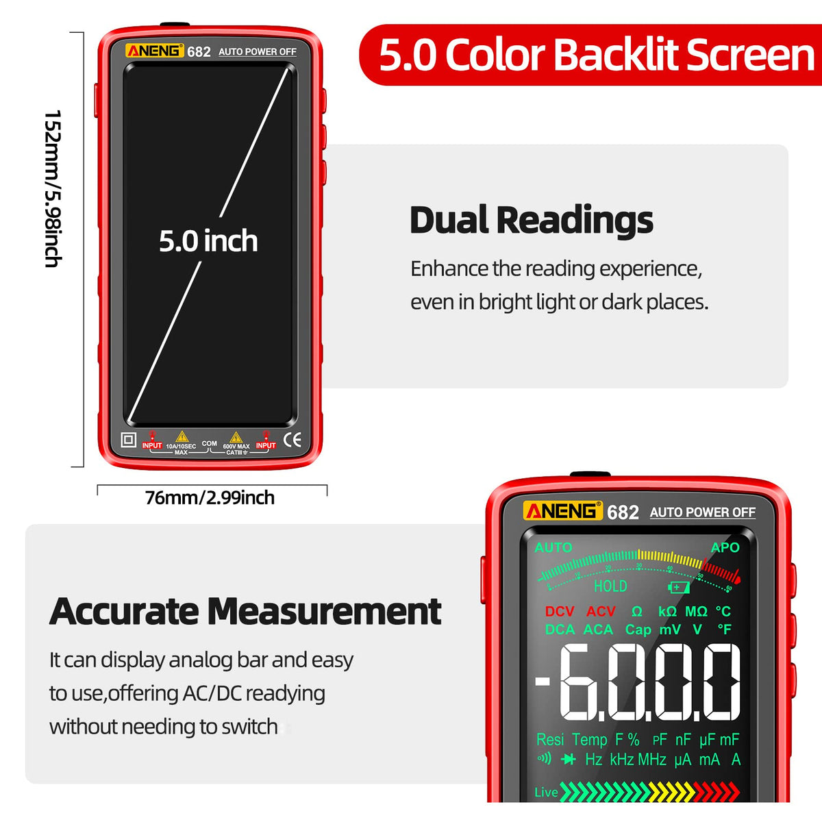 ANENG smart-mode auto-range simplifies setup for beginners and pros