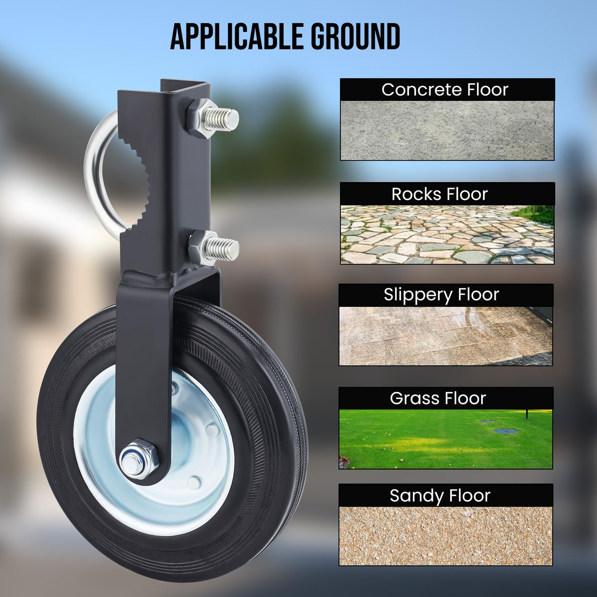 Anfrere gate wheel shown on a fence gate for farm and yard use