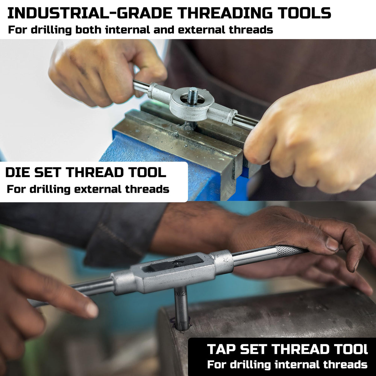 Anfrere metric and SAE taps and dies collection for versatile threading.