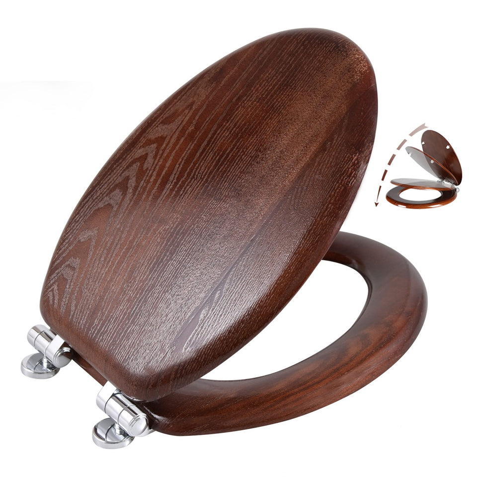 Angel Shield elongated wood toilet seat demonstrates the elongated shape for comfortable use.