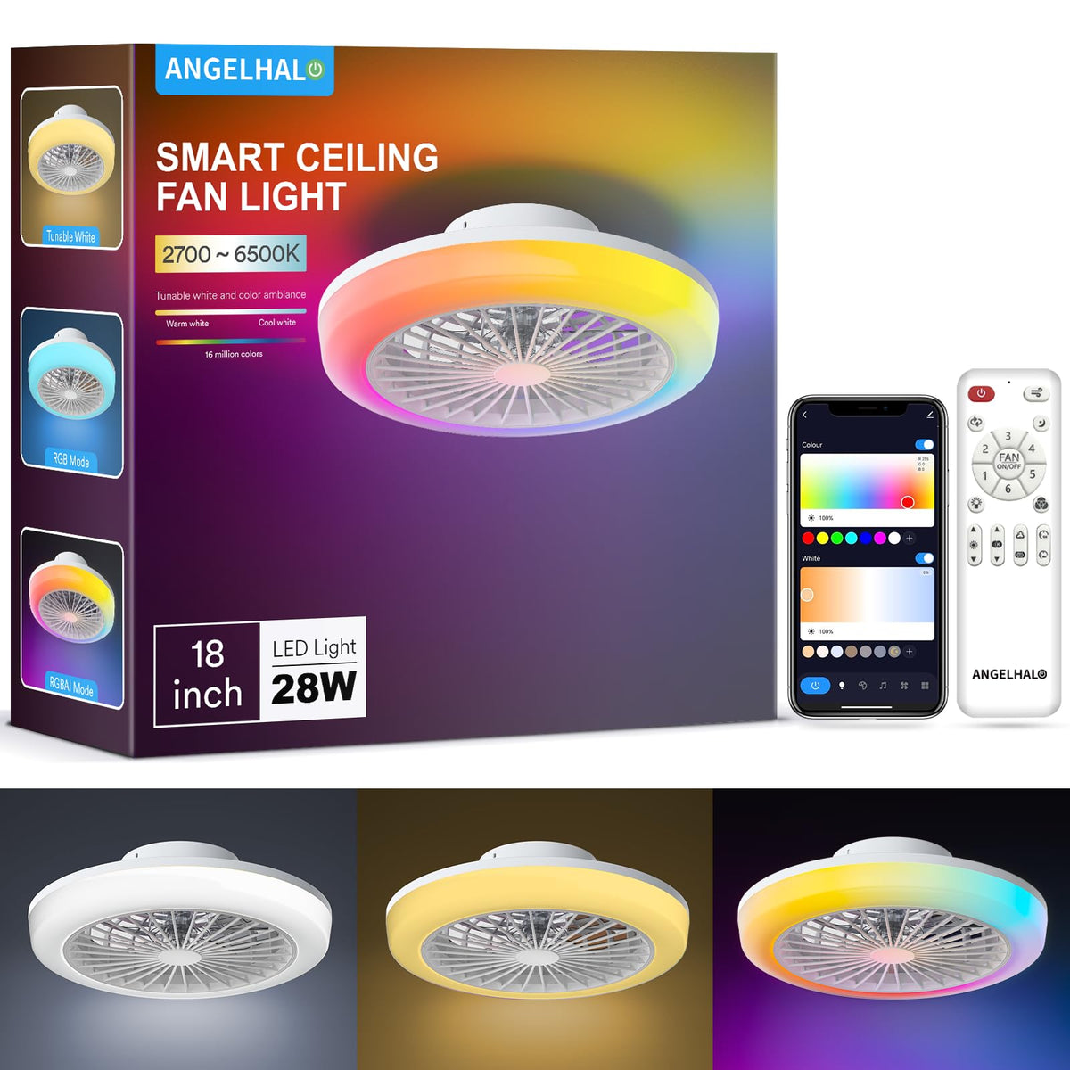 ANGELHALO bladeless ceiling fan light 18in enhances safety and illumination.