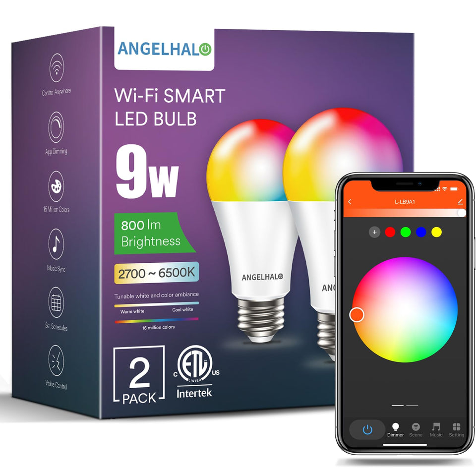 AngelHalo smart light bulbs color-changing A19 LED for customizable ambiance.