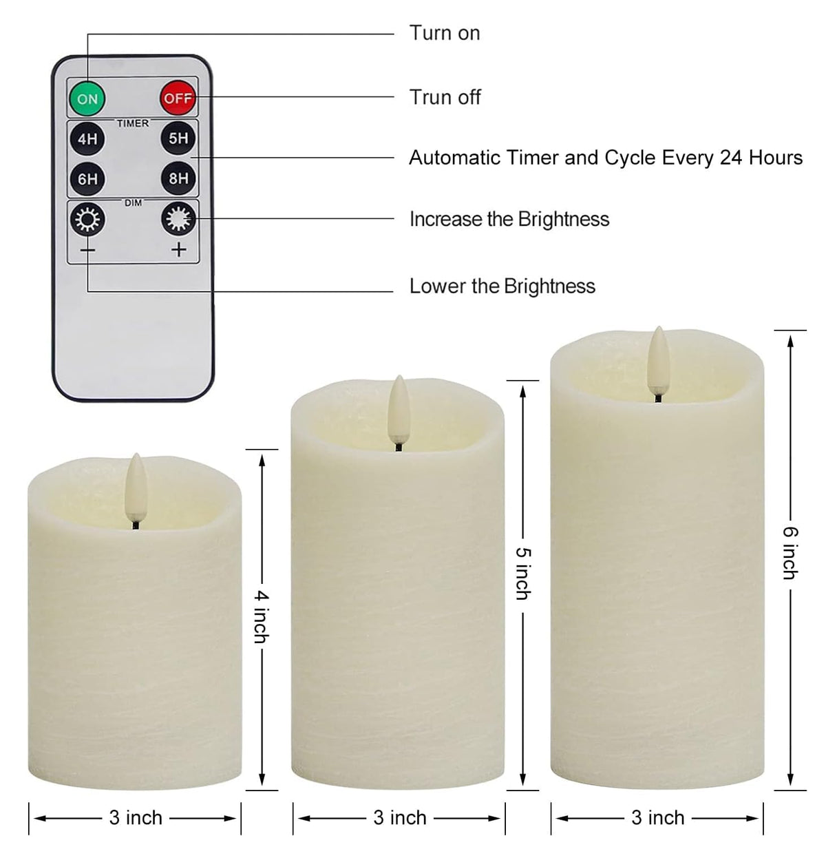 Angelloong set of 3 ivory white candles displayed on mantel.