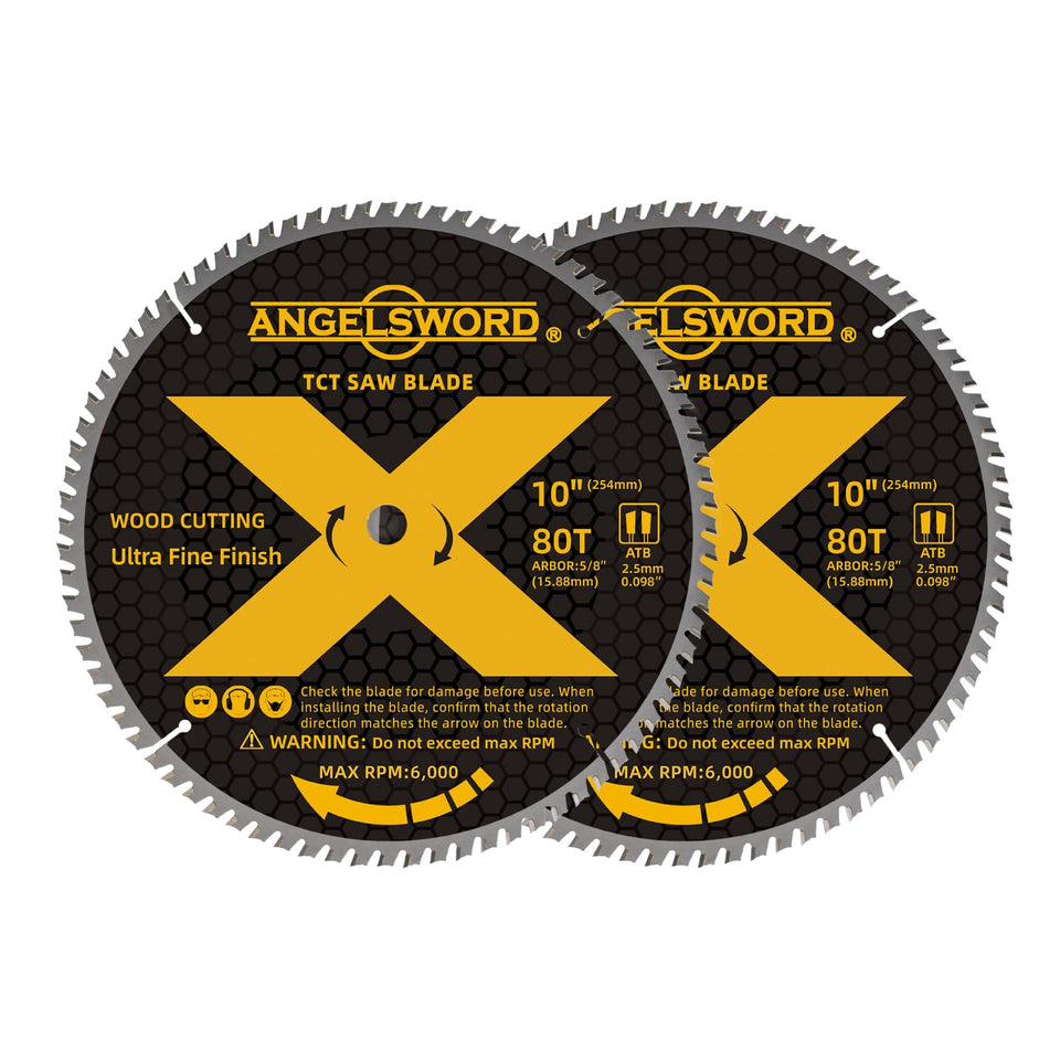 ANGELSWORD 10-inch table saw blade closeup for clean, precise cuts on hardwoods.