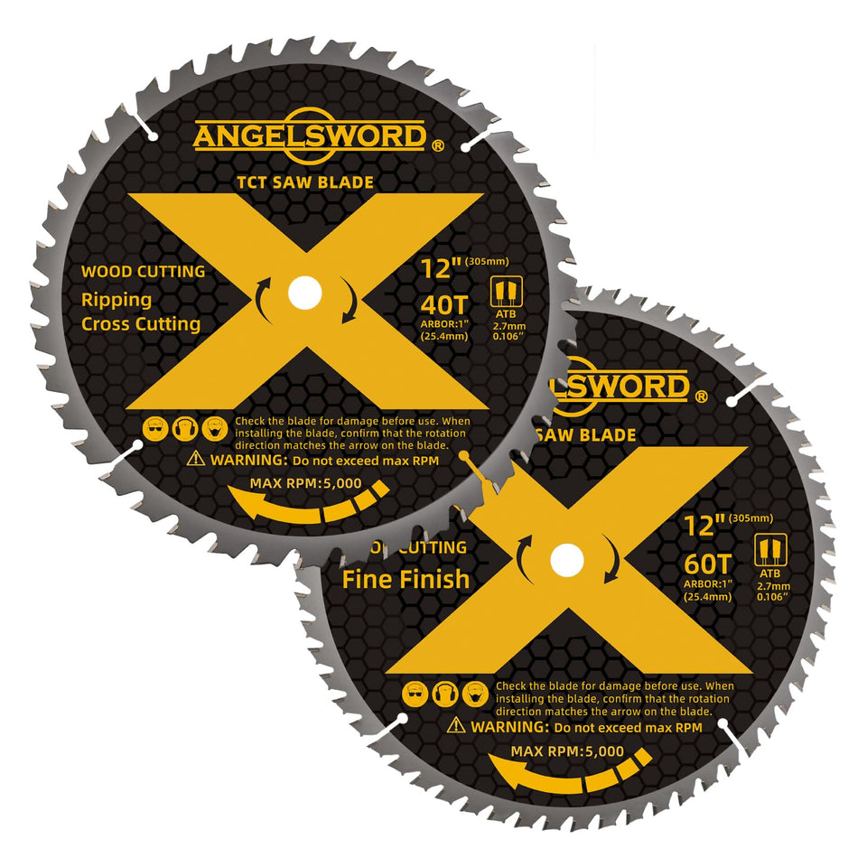 ANGELSWORD 12-inch 40T blade close-up showing sharp teeth for clean ripping cuts.