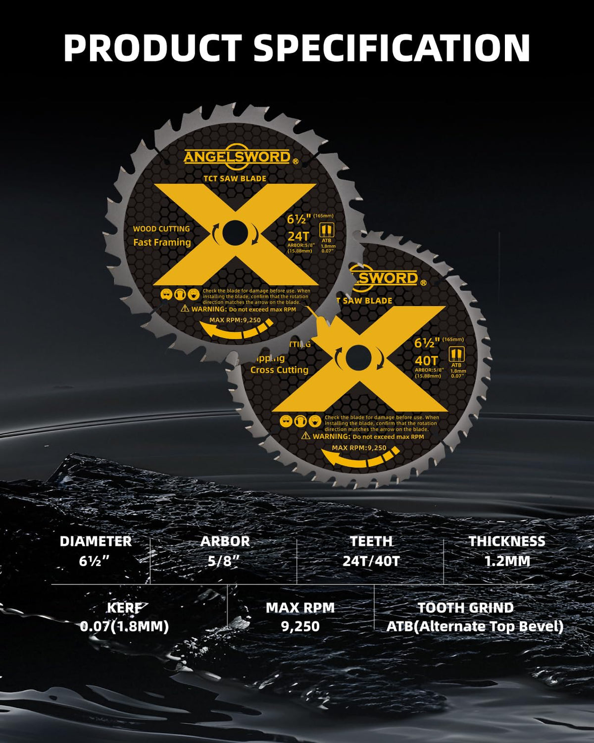 ANGELSWORD 6-1/2 inch blade 40T ripping cuts for fast material removal.