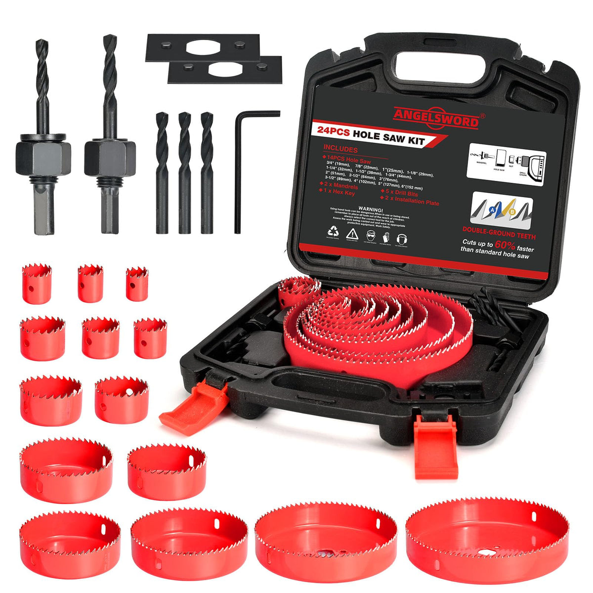 ANGELSWORD Hole Saw Set assembly with mandrels and plates for quick setup.