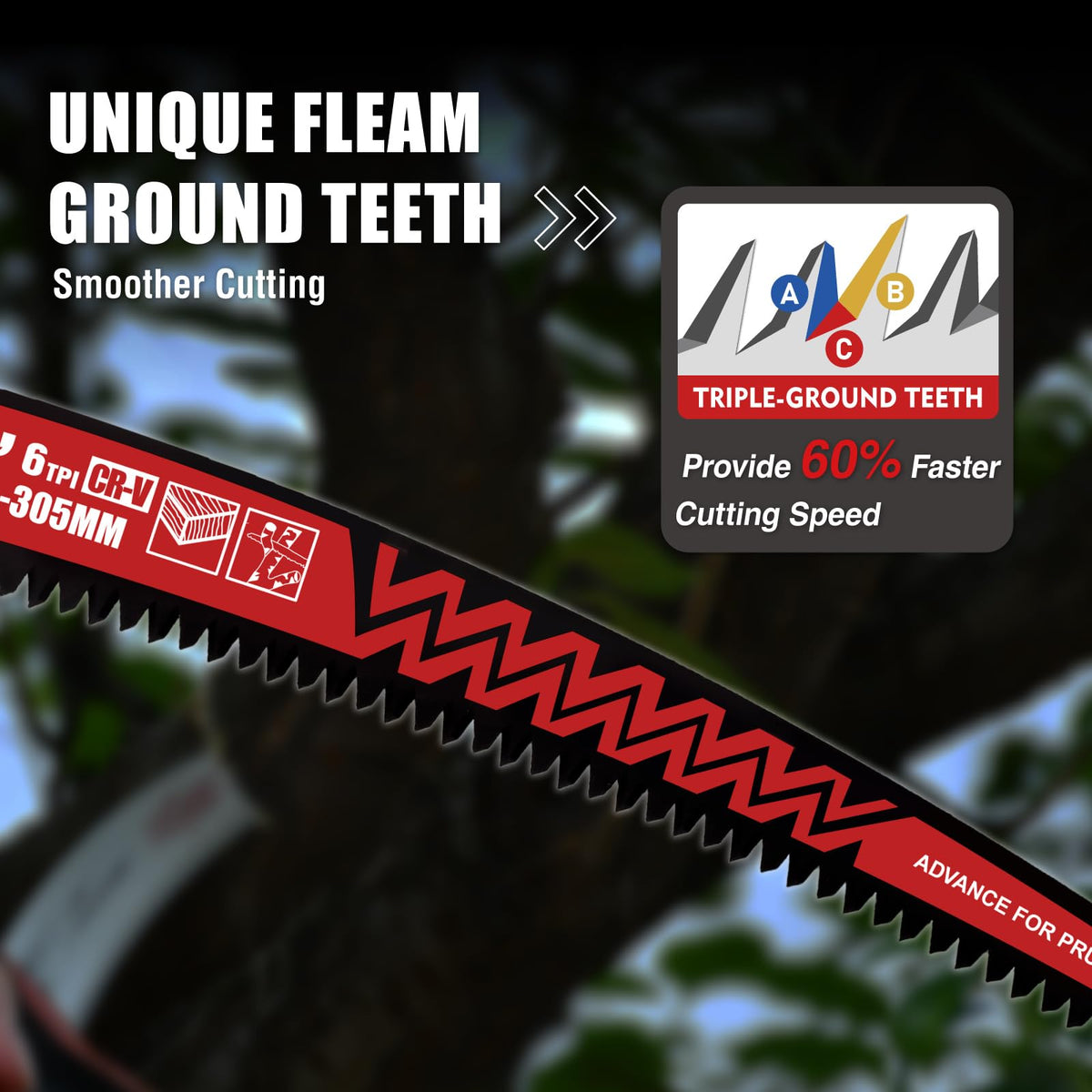 ANGELSWORD triple-ground tooth design reduces clogging for efficient cutting.