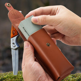 Angerstone cowhide leather case protects the sharpener during travel.