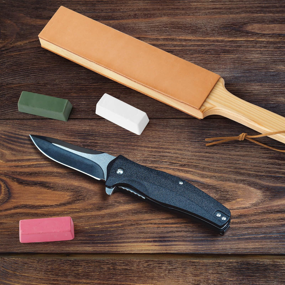 Angerstone vegetable-tanned leather surface for durable sharpening sessions.