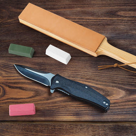 Angerstone vegetable-tanned leather surface for durable sharpening sessions.
