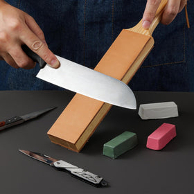 Angerstone white stropping compound for fine honing and edge refinement.