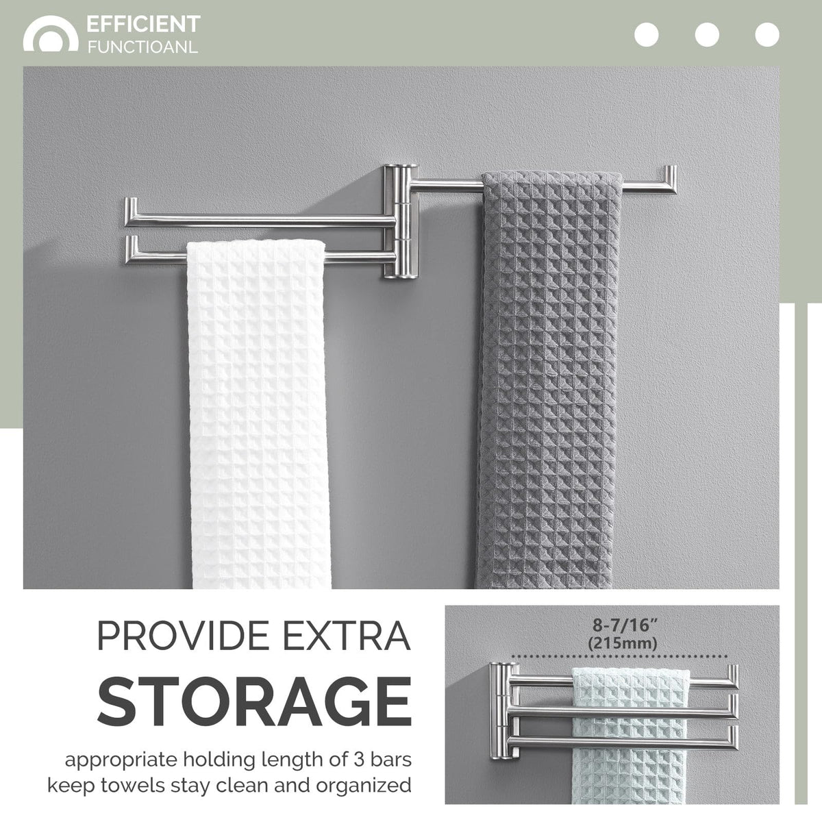 Angle Simple stainless steel towel holder in brushed nickel resists rust.