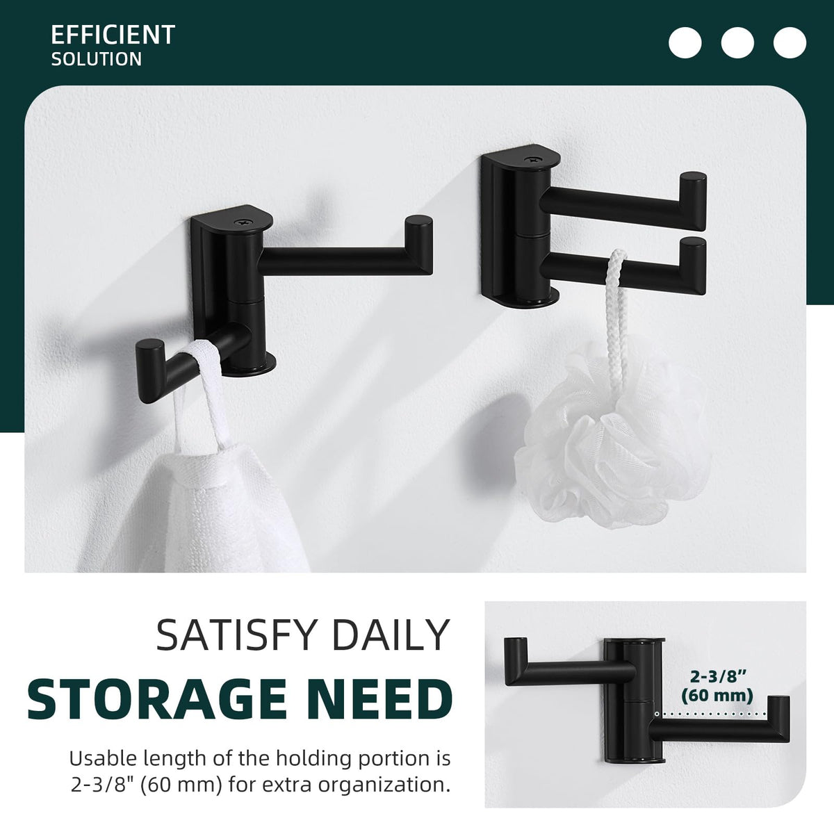Angle Simple double-robe-hook wall-mount saves bathroom space.