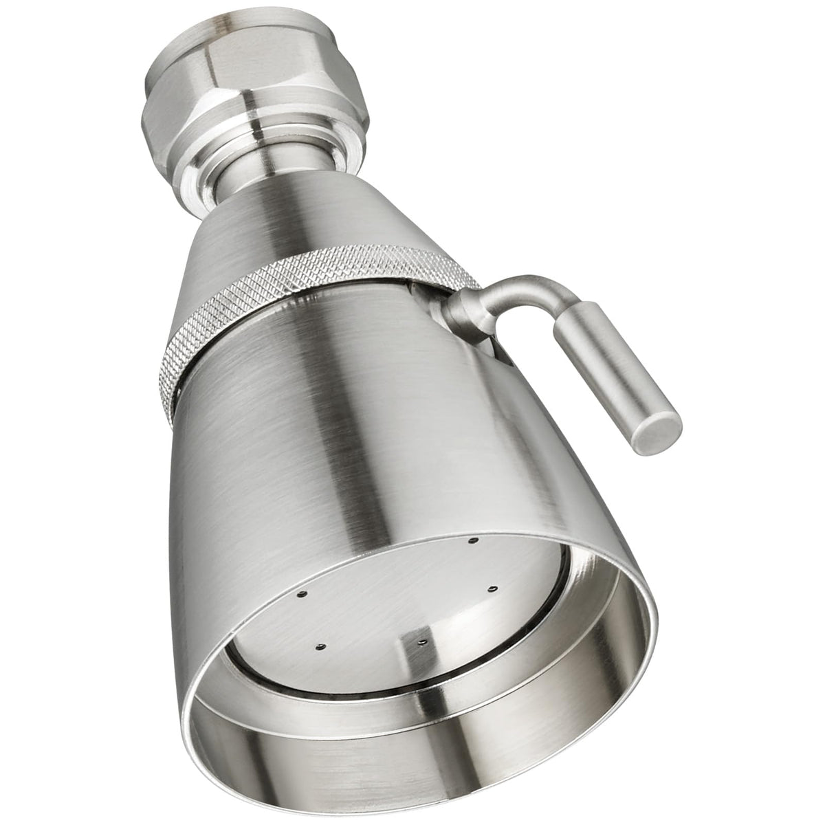 Angle Simple shower head front view shows brass body with a durable brushed nickel finish
