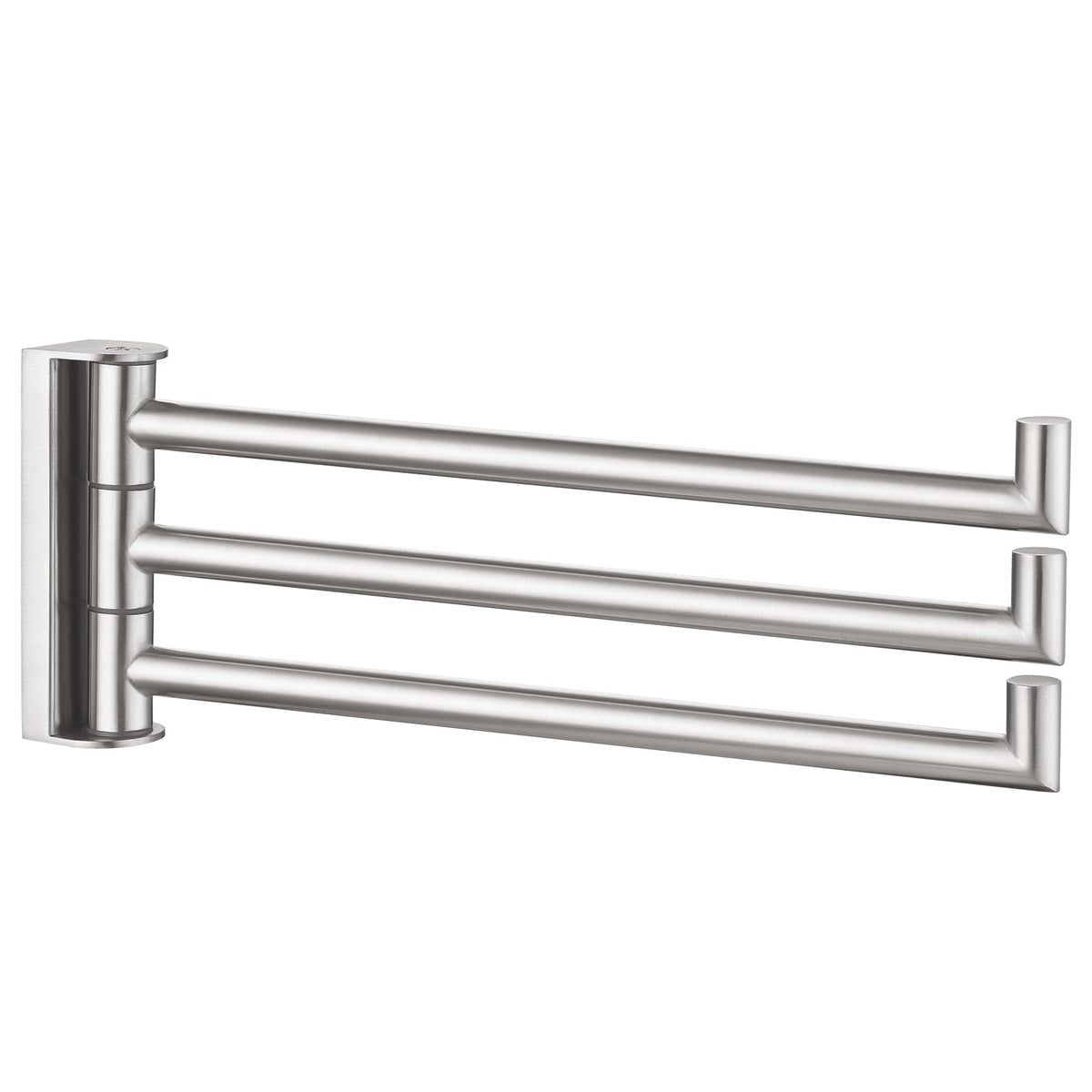 Angle Simple swivel towel holder with three bars in brushed nickel for organized towels.