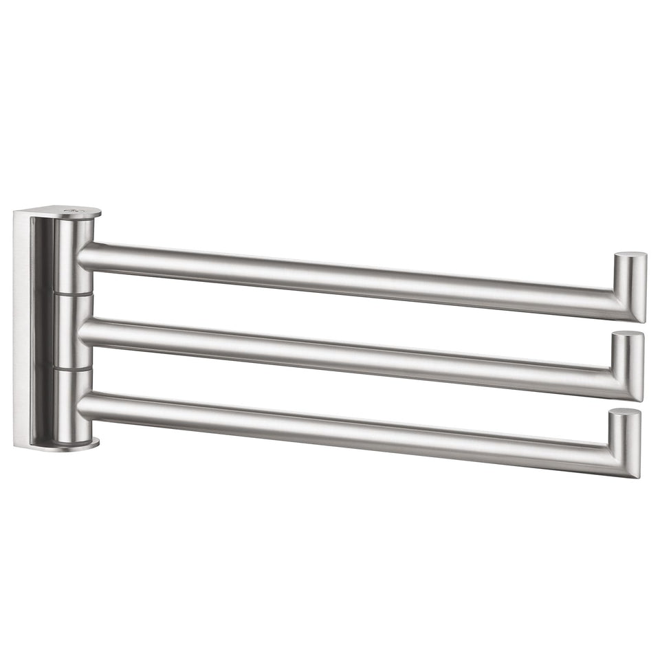 Angle Simple swivel towel holder with three bars in brushed nickel for organized towels.
