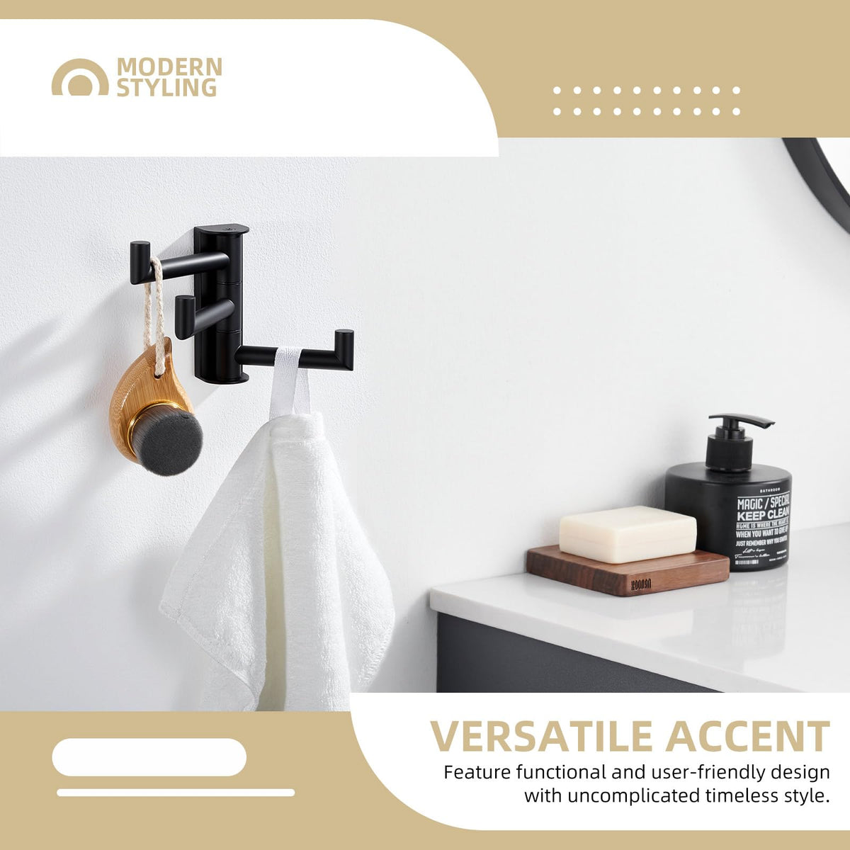 Angle Simple swivel arm design rotates smoothly to prevent item interference.