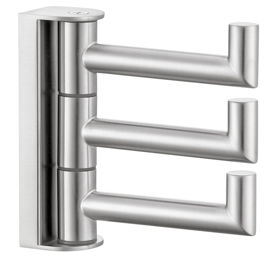 Angle Simple 3-arm swivel towel hook front view for compact bathroom storage