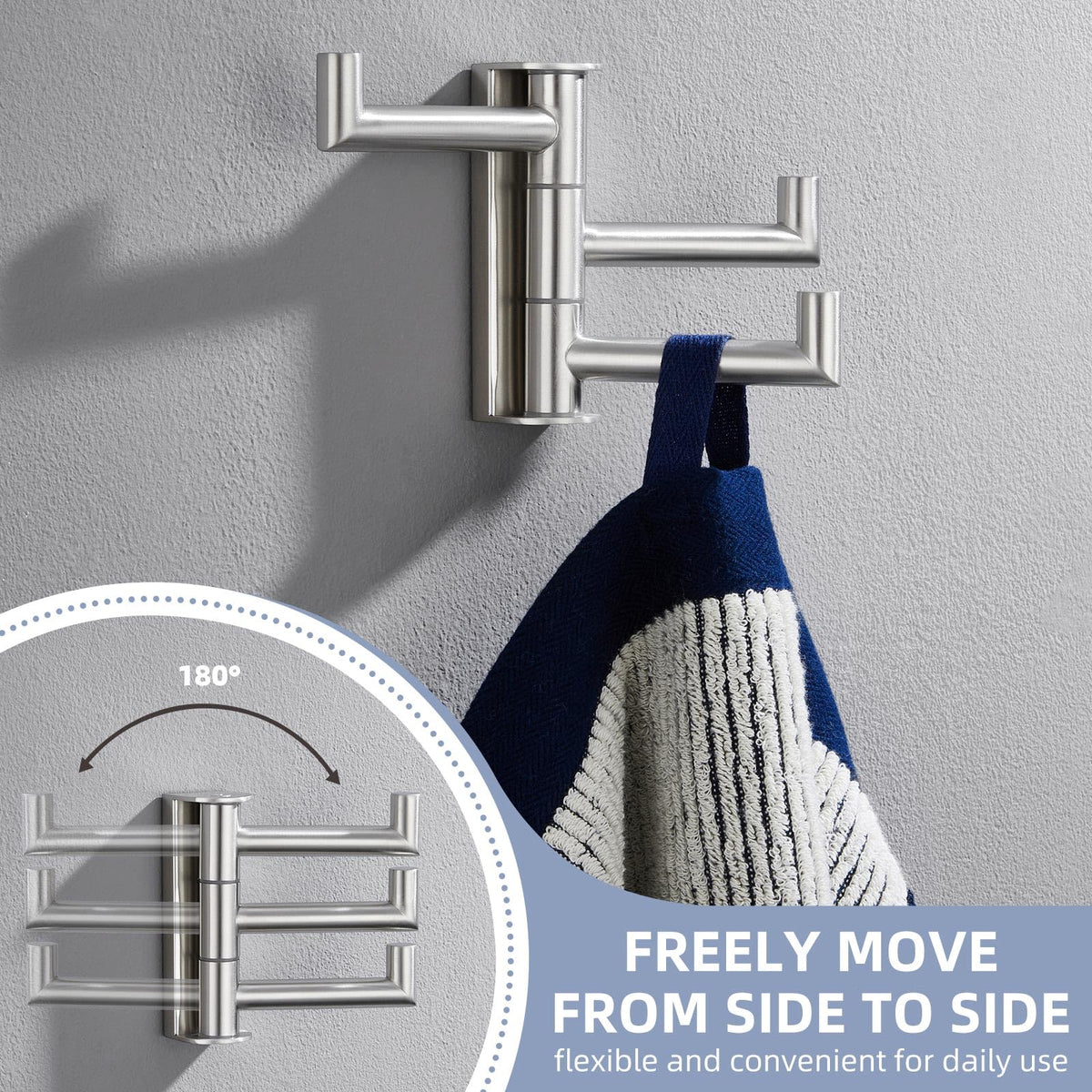 Angle Simple 3-arm towel hook arm 3 in motion demonstrating independent rotation