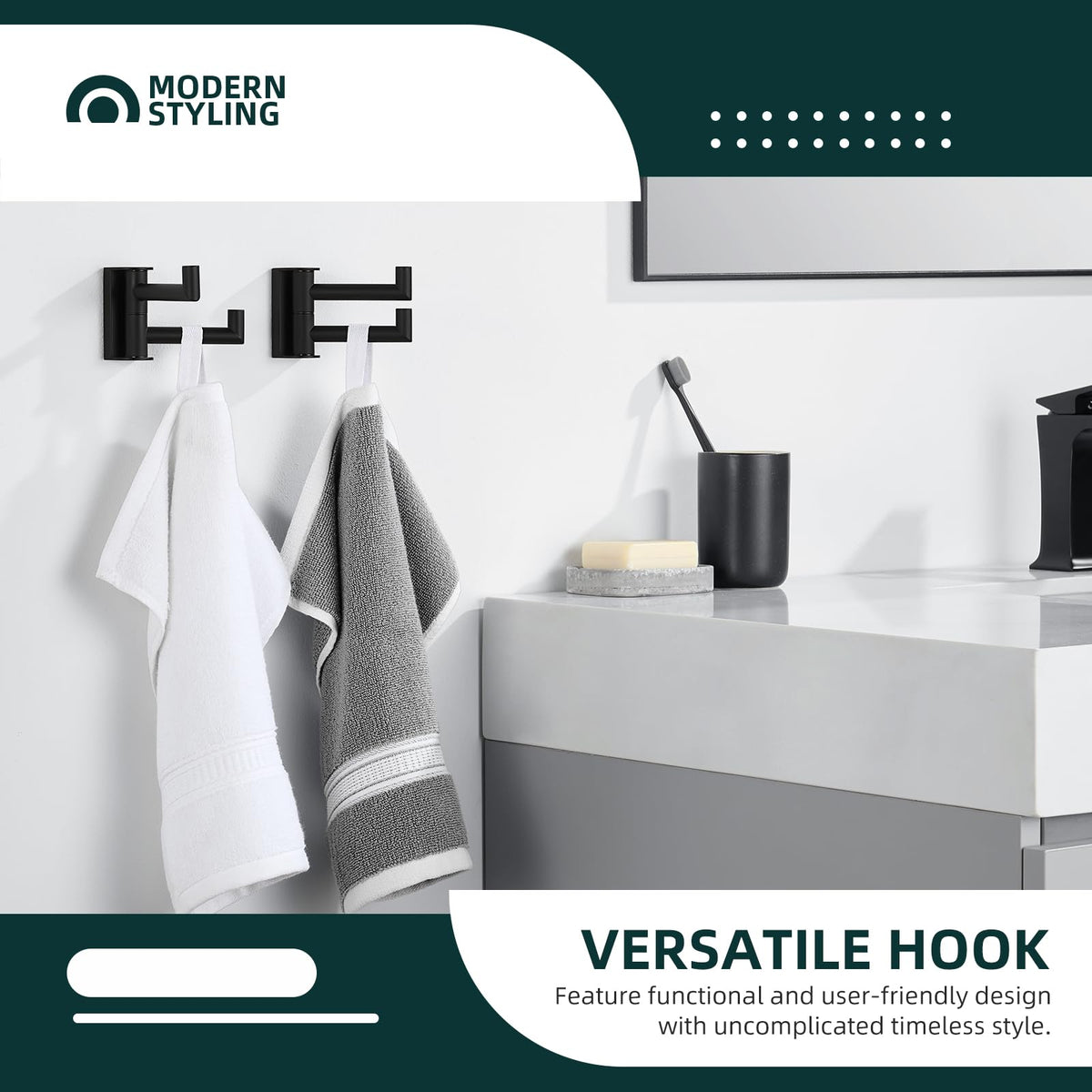 Angle Simple swivel towel hook side-swing action keeps towels organized.