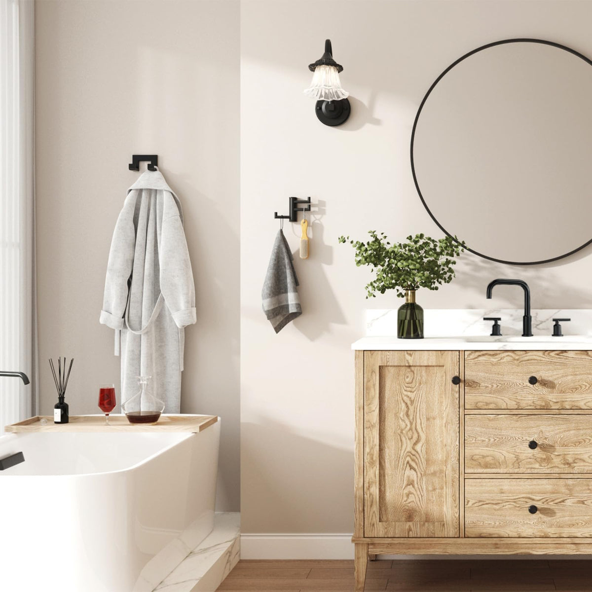 Angle Simple wall-mount design keeps bath clutter within reach.