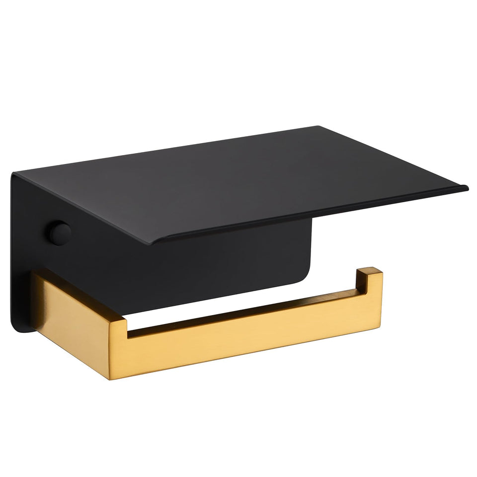 Angle Simple toilet paper holder with shelf in black-brushed gold finish, close-up.