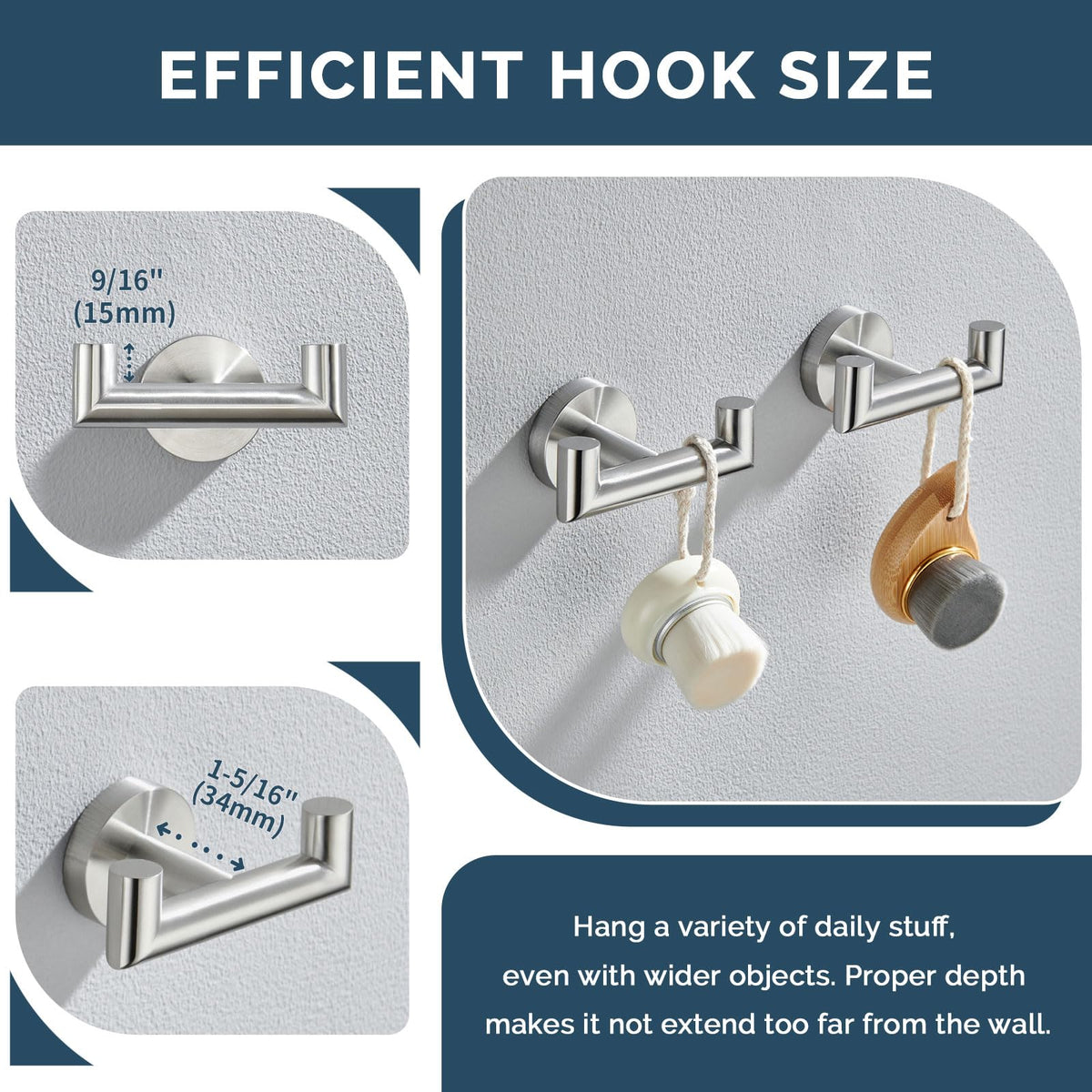 Angle Simple towel hook brushed nickel, base-to-hook distance, accommodates larger towels.