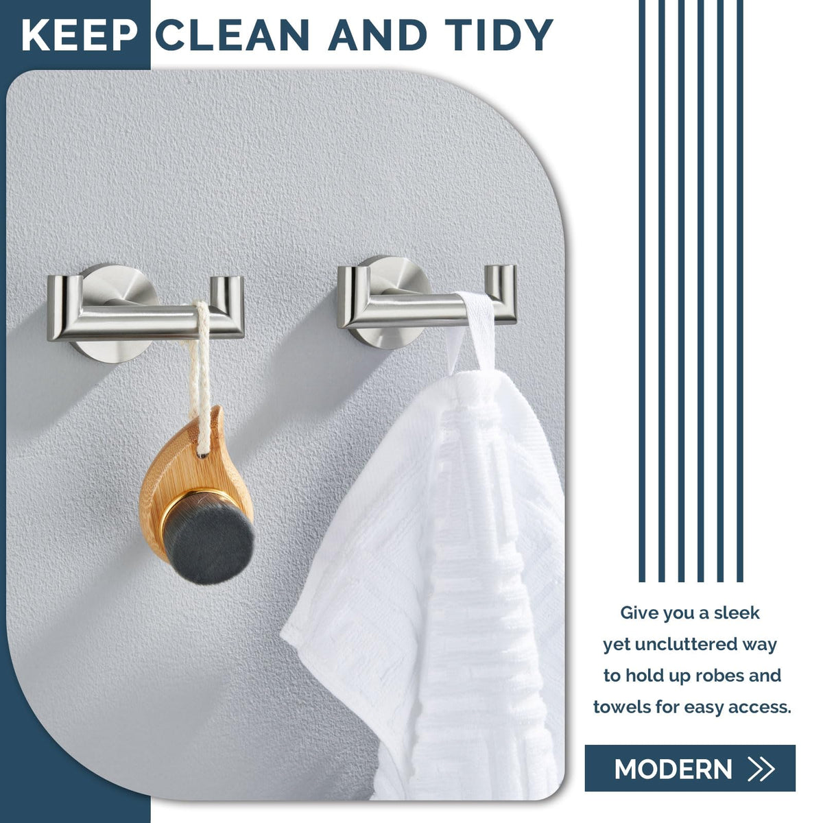 Angle Simple towel hook brushed nickel, bathroom organization solution for towels and accessories.
