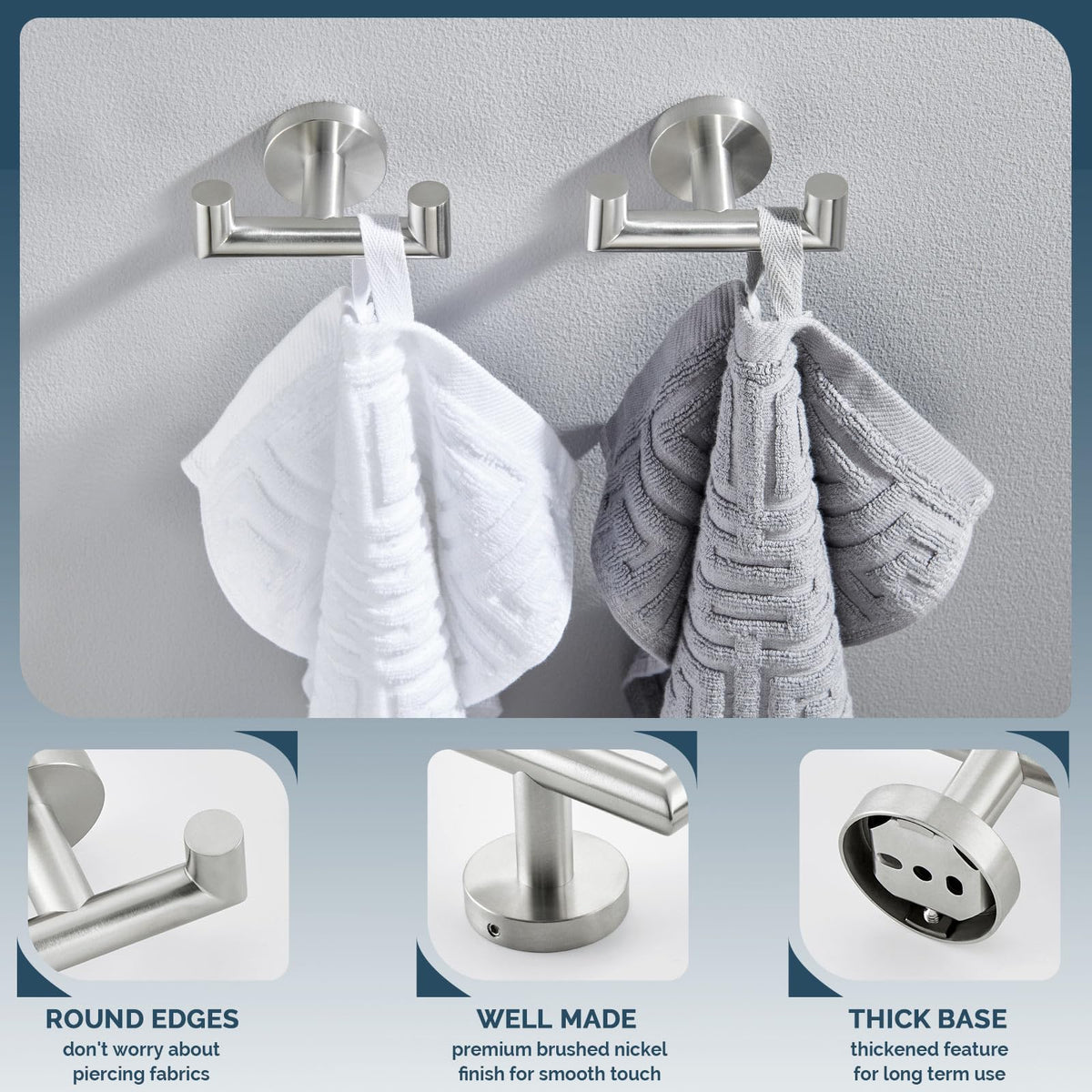 Angle Simple towel hook brushed nickel, side view, blends with modern bathroom decor.